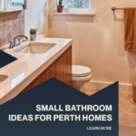 Modern small bathroom with double vanity, white countertop, shower enclosure, and practical space-saving design ideas for Perth homes.