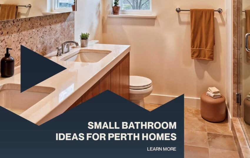 Modern small bathroom with double vanity, white countertop, shower enclosure, and practical space-saving design ideas for Perth homes.