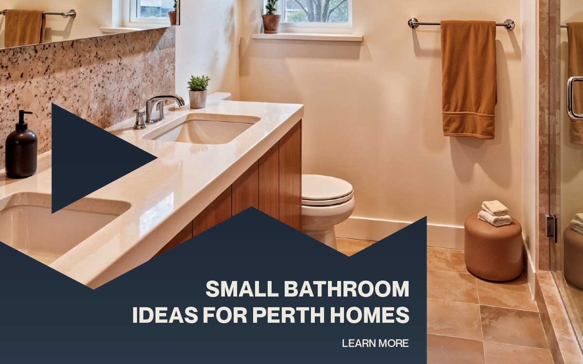 Modern small bathroom with double vanity, white countertop, shower enclosure, and practical space-saving design ideas for Perth homes.